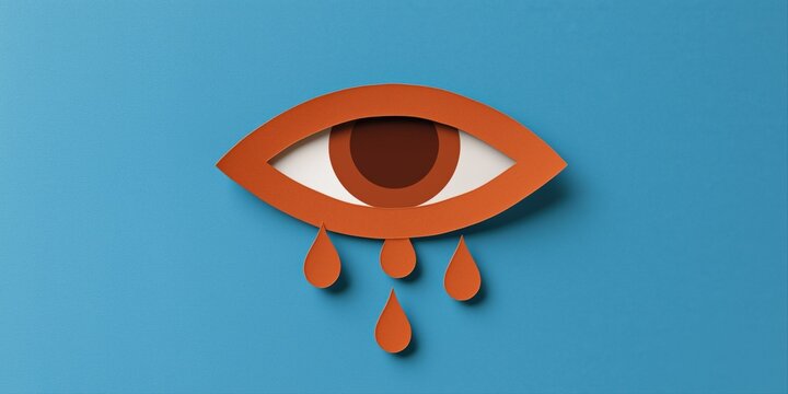 Abstract eye design with teardrops on blue background
