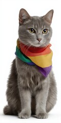 Gray cat wearing rainbow bandana on white background
