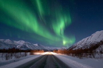 Wide landscape view of an arctic road under aurora borealis lights