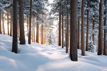Snow-covered forest at sunrise with tall trees and soft shadows