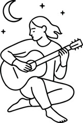 A peaceful woman plays guitar under the moonlit sky serenading the night with delicate line art