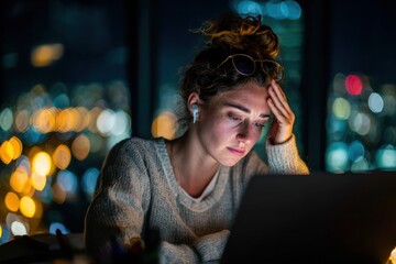 Exhausted Woman Straining to Work on Device at Night