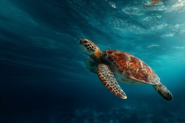 Fototapeta premium Green sea turtle swimming underwater near blue ocean surface