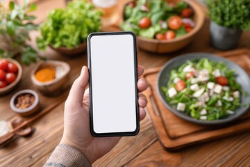 Woman Holding Smartphone Over Table with Salad Bowls