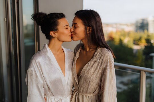 Two women sharing a gentle kiss on a sunlit balcony in the city