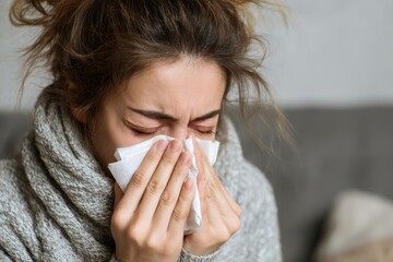 Woman Sneezing into Tissue Suffering from Spring Allergies