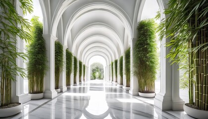 serene white arches in marble hallway adorned by bamboo plants bright and tranquil