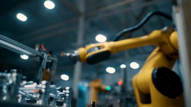 Closeup medium shot of a robot arm performing selfcalibration with software integration for automated machine setup optimization.