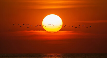 Obraz premium silhouette of birds flying past giant orange sunset, minimal and symbolic