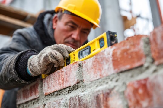 Bricklayer Measuring New Brick Wall Alignment with Level