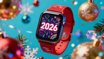 Smartwatch with &ldquo;2026&rdquo; displayed on the screen, surrounded by decorations. A high-tech festive atmosphere.