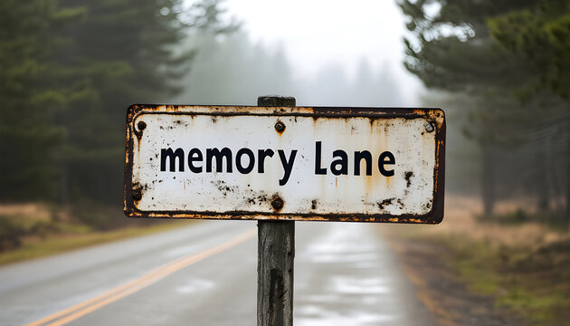 Sign shows memory lane writing on wooden post. Concept of nostalgia and reminiscence. Road curves far away. Time concept