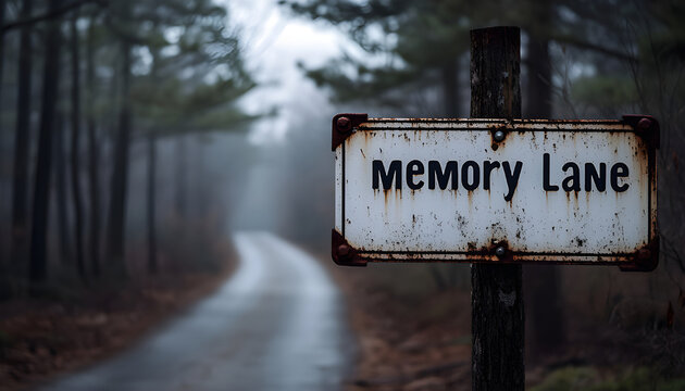 Sign shows memory lane writing on wooden post. Concept of nostalgia and reminiscence. Road curves far away. Time concept