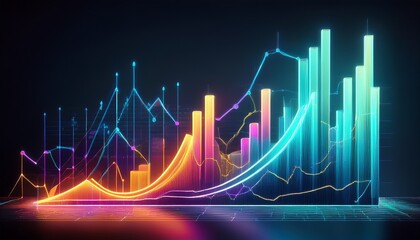 neon infographic depicting growth in business financial trends and success on a dark background