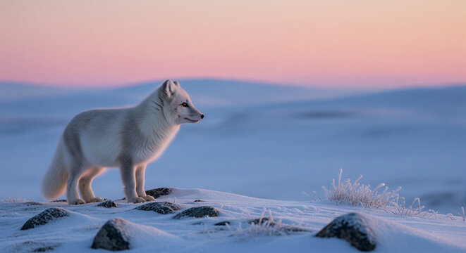 white fox on the snow in the afternoon