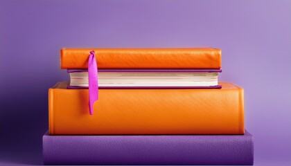 stacked orange and purple hardcover books with pink bookmark on violet background