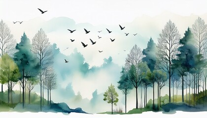 watercolor view of tall trees with flying birds on a white hazy sky scenery