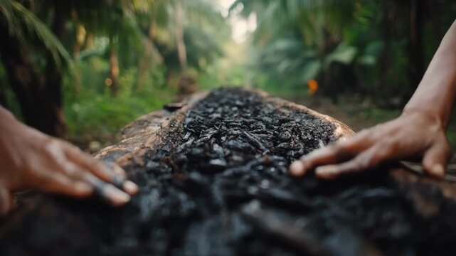Medium shot of hands applying traditional biochar coating to wooden beams showcasing natural wood preservation using charbased methods in an outdoor setting.