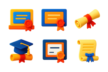 Vivid Education Icons. 3D icon set of education levels: elementary certificate, middle school diploma, high school scroll, college