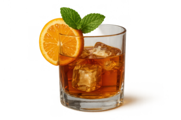 Iced drink or cocktail with amber liquid, ice, an orange wedge, and mint garnish in a clear glass tumbler. Transparent background