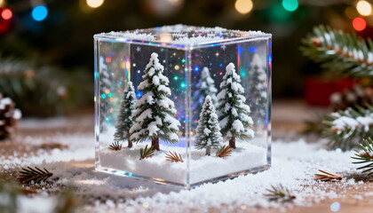 Snowy forest inside transparent Christmas gift cube. Magical miniature scene.