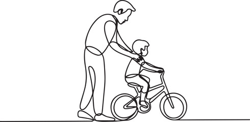 Continuous Line Drawing of a Father Teaching a Child to Ride a Bike. one line Icon drawing with white background