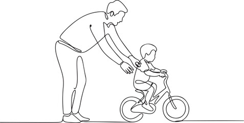 Continuous Line Drawing of a Father Teaching a Child to Ride a Bike. one line Icon drawing with white background