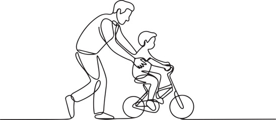 Continuous Line Drawing of a Father Teaching a Child to Ride a Bike. one line Icon drawing with white background