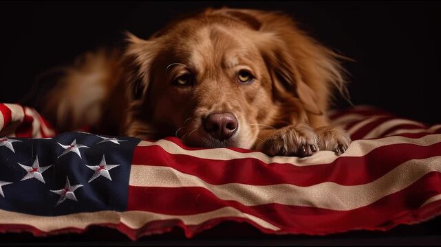 A loyal military dog rests sadly on a flag-draped coffin during a funeral farewell. Emotional tribute video used for Memorial Day, honor messages, remembrance content, military memorial storytelling.