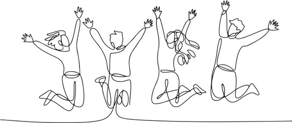 Continuous Hand Drawn Sketch of People Jumping with Joy. one line Icon drawing with white background