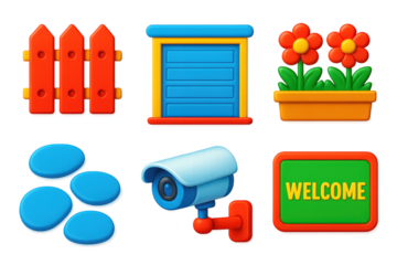 Set of icons for a garden theme, including a fence, garage