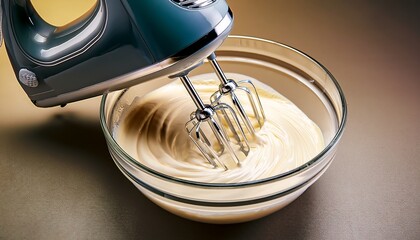 an electric mixer mixing a creamy substance in a unique glass bowl with metal frame against a smooth backdrop