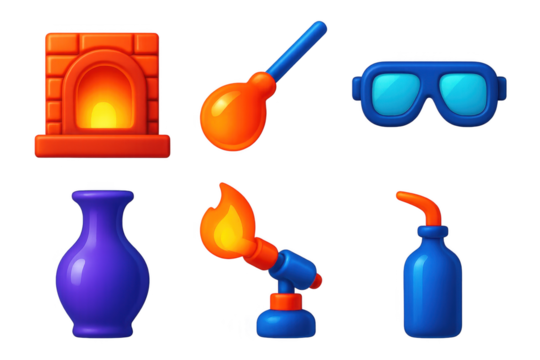 Glassmaking Icon Set. 3D icon set of glassmaking: furnace, molten glass, blower pipe, safety goggles, glass vase, flame torch. A
