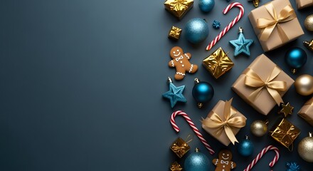 Festive christmas decorations and gifts arranged on a dark blue background