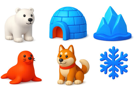 Arctic Icons Set. 3D icon set of arctic life: polar bear, igloo, iceberg, seal, sled dog, snowflake. A set of 3D-style icons in a