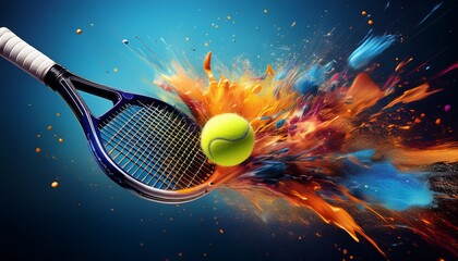 dynamic depiction of a padel tennis racket hitting the ball with colorful abstract explosion in motion on a blue background