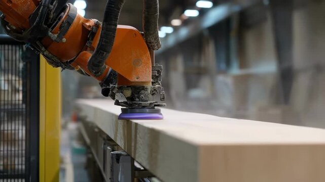 Robotic arm performing smooth finish sanding on a hardwood board showcasing precision and efficiency in automated lumber refinement.