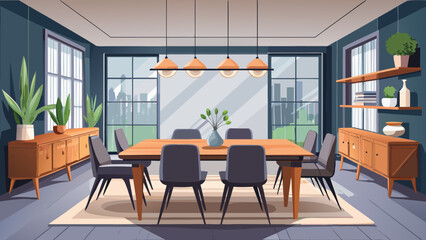 Fototapeta premium Very beautiful modern dining room featuring a warm wooden table paired with sleek black chairs, a minimalistic chandelier overhead, and a light gray wall providing a clean, elegant, and contemporary a