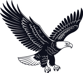 Fototapeta premium Strong flying eagle illustration featuring detailed wings, fierce expression, and bold graphic style perfect for emblem, mascot, and patriotic design themes.
