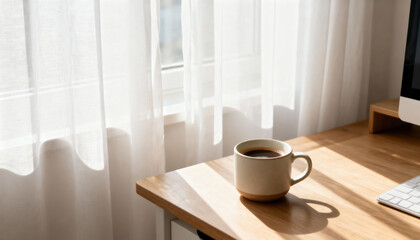 Morning coffee on a wooden desk in a sunlit home office. Workspace with natural light from a window. Work from home concept