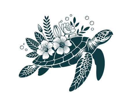 Stylized sea turtle illustration, artistic vector featuring a marine turtle adorned with elegant floral patterns, botanical elements, and delicate bubbles, perfect for nature, ocean, and decorative
