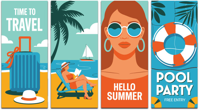 Vibrant summer travel poster set illustration featuring suitcase, beach scene, stylish woman, pool party elements, and tropical holiday vibes perfect for vacation and event promotions.