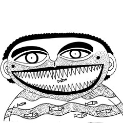 Unique artistic depiction of a smiling person adorned with fish patterns, showcasing vibrant creativity and imaginative expression