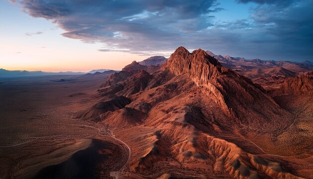 aerial view of rocky mountain landscape in arid desert at dusk