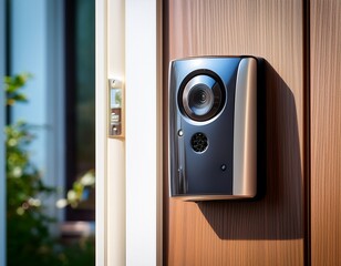 close up of a modern smart doorbell with camera representing home security and smart home technology