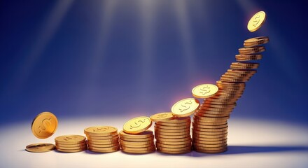 Coins ascend upward, Arranged coins form rising curved line.