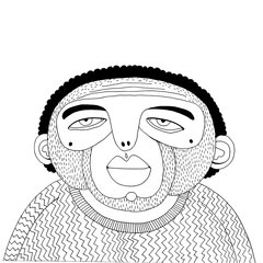 Portrait of a stylized person with unique features wearing a patterned sweater against a plain background