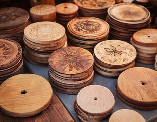 handcrafted wooden puzzle discs at artisan market