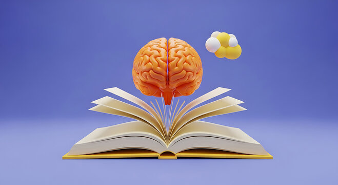 Orange brain emerging from open book with yellow molecule knowledge learning