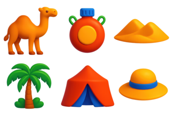 Collection of cartoon characters and objects, including a camel, a tent, a hat
